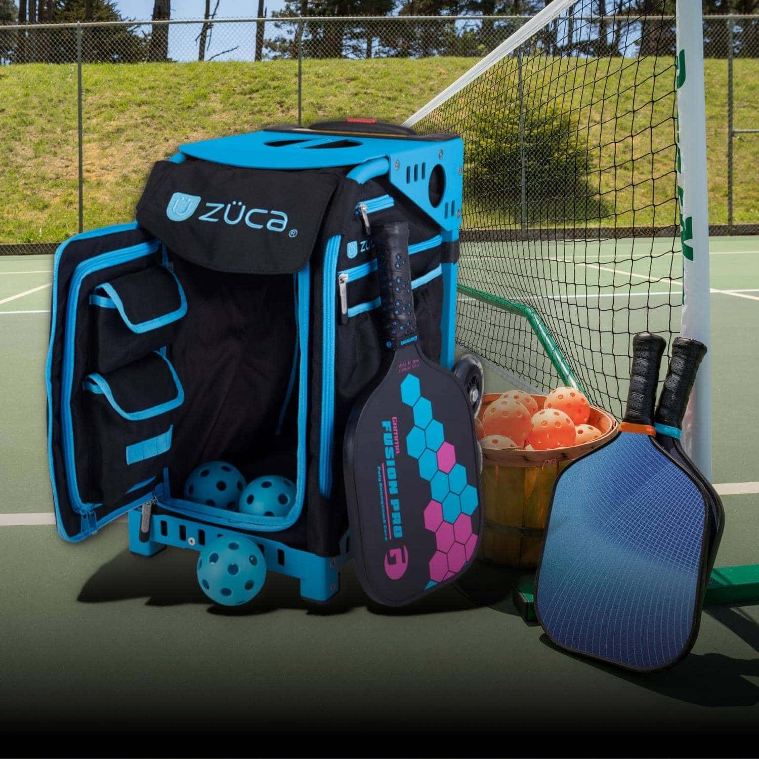 Zuca Pickleball cart with a blue trime and blue frame